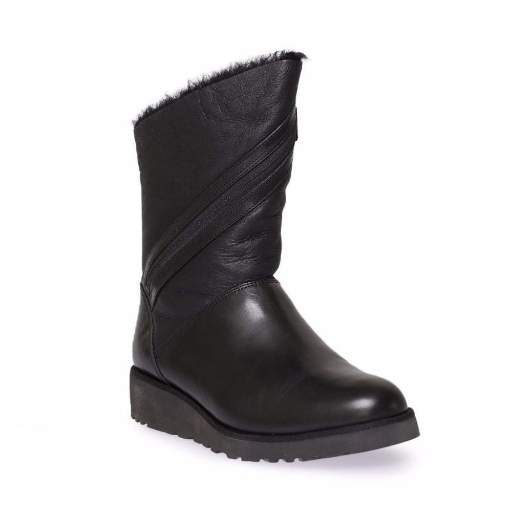 UGG Leather Lorna Wedge Mid-Calf Boots Women Black Shearling Moto Zipper Size 8